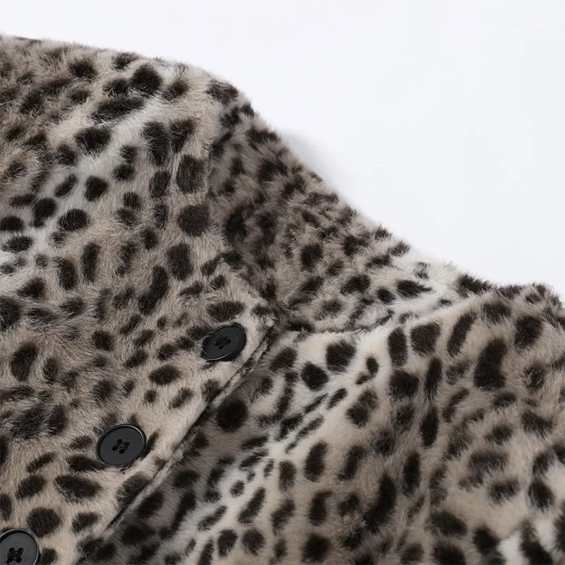 Kunstfell-Leopardenmuster Cropped-Jacke für Damen Rundhals Einreihiger Flauschiger Plüschmantel 2026 Vintage Y2K Oberbekleidung – Detail 6