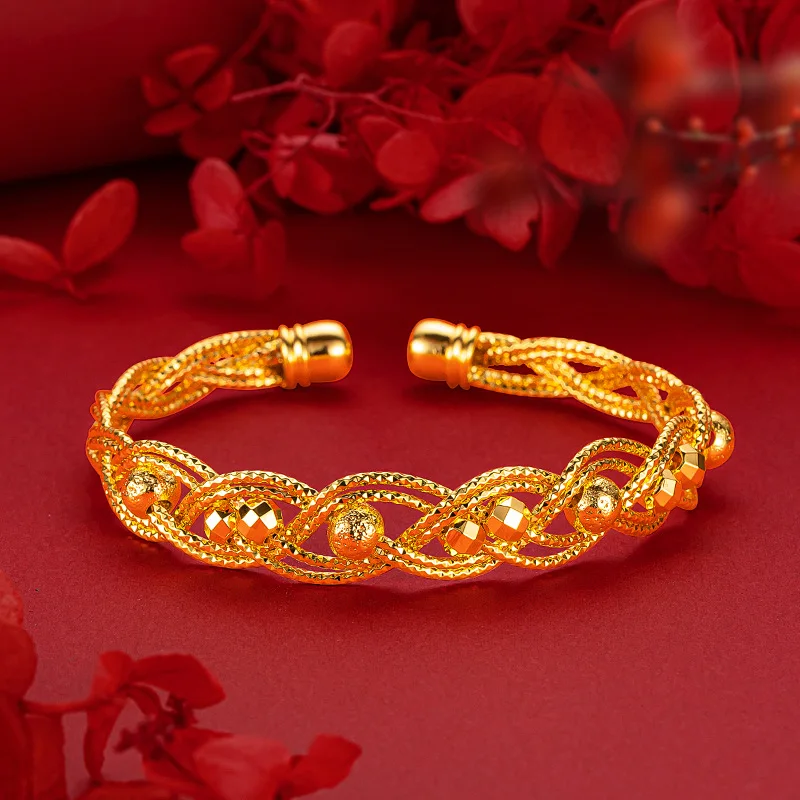 

Luxurious 9999 24K Real Gold Advanced Fried Dough Twists Braid Explosive Flash Bracelet Fashion Braided Gold Open Bangles Women