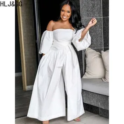 HLJ&GG White Sexy Off Shoulder Wide Leg Pants Jumpsuits Women Long Sleeve Lace Up Loose Playsuits Female Solid One Piece Overall