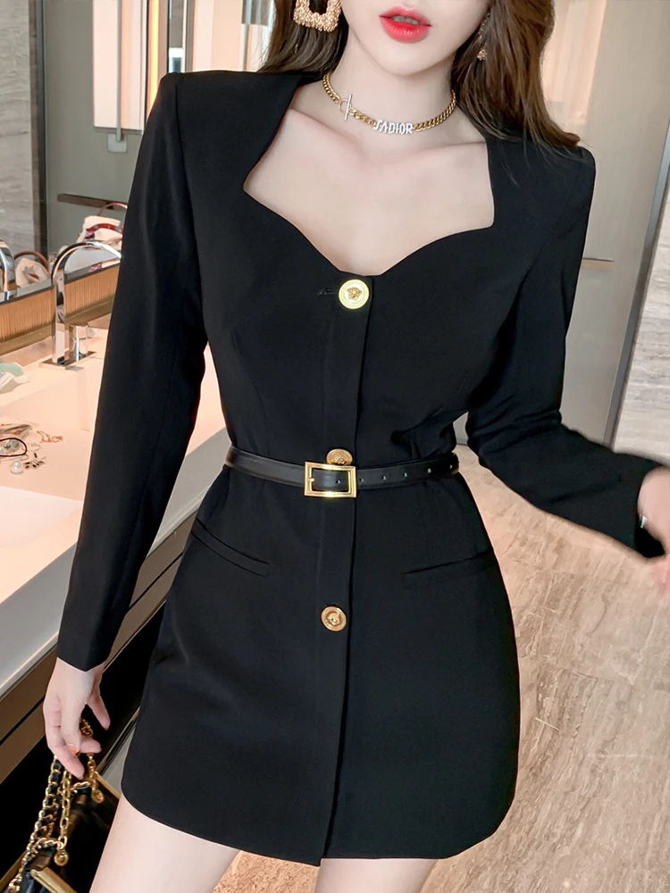 2023 Spring Women Mini Dress Elegant Classic Sexy Black Long Sleeve Metal Button Belt Single Breasted Slim Outfit Vestidos Mujer