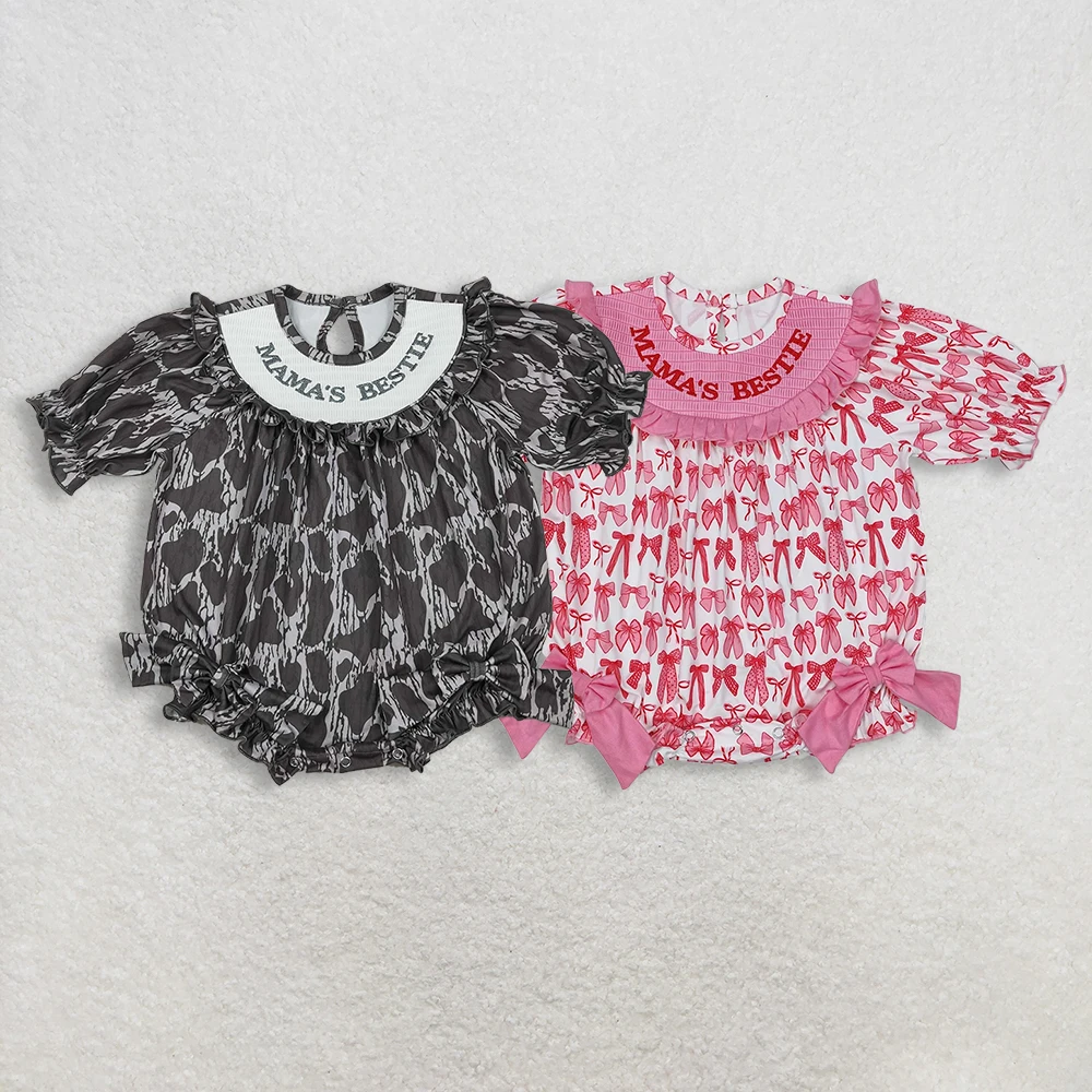 

Sibling Smocked Mamas Bestie Baby Girls Camo Hunting Ruffle Romper Long Sleeves Heart Design Smock Romper for Little Girls