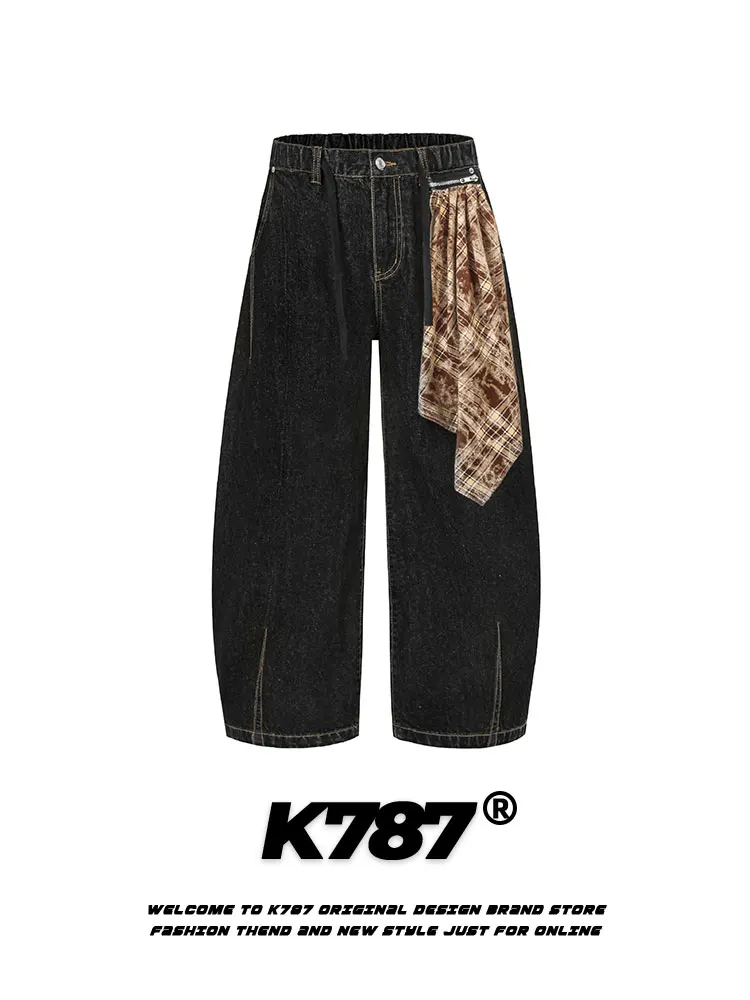 

K787 American Retro Plaid Scarf Splicing Oversize Casual Straight Leg Jeans Men's Women's Denim Pants High Waist Wide Leg Jeans