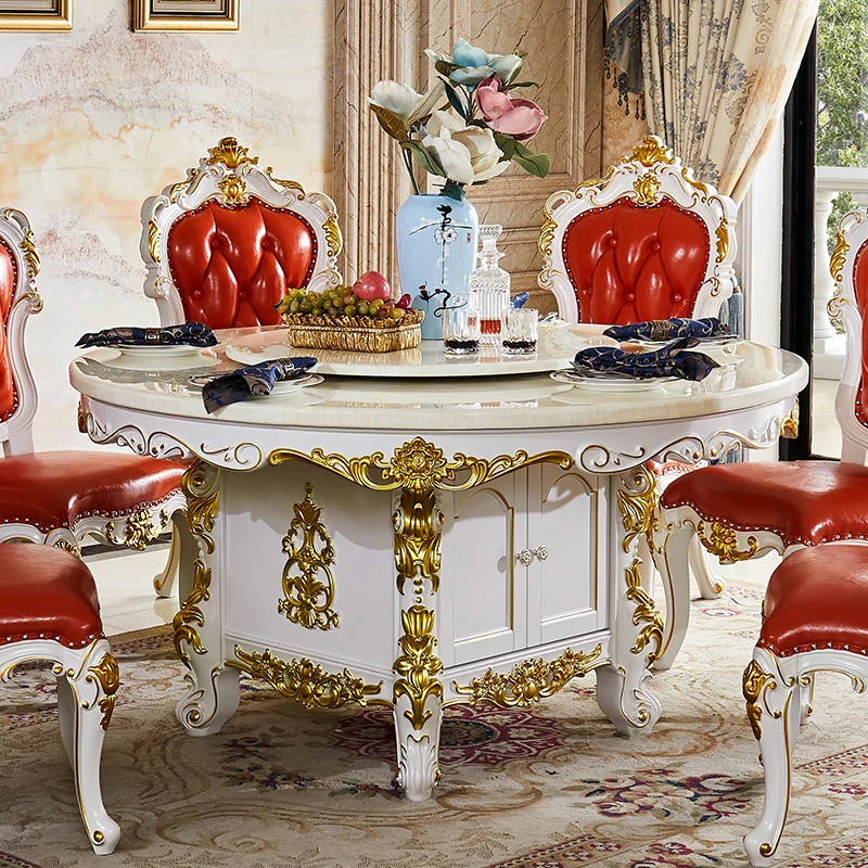 

European solid wood marble square dining table round dining table with turntable drawers storage square table and chair combinat