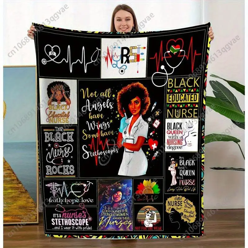Nurse Life Theme Machine Reversible Nurse Theme Blanket Black Educated Washable Polyester Knit Vibrant Digit