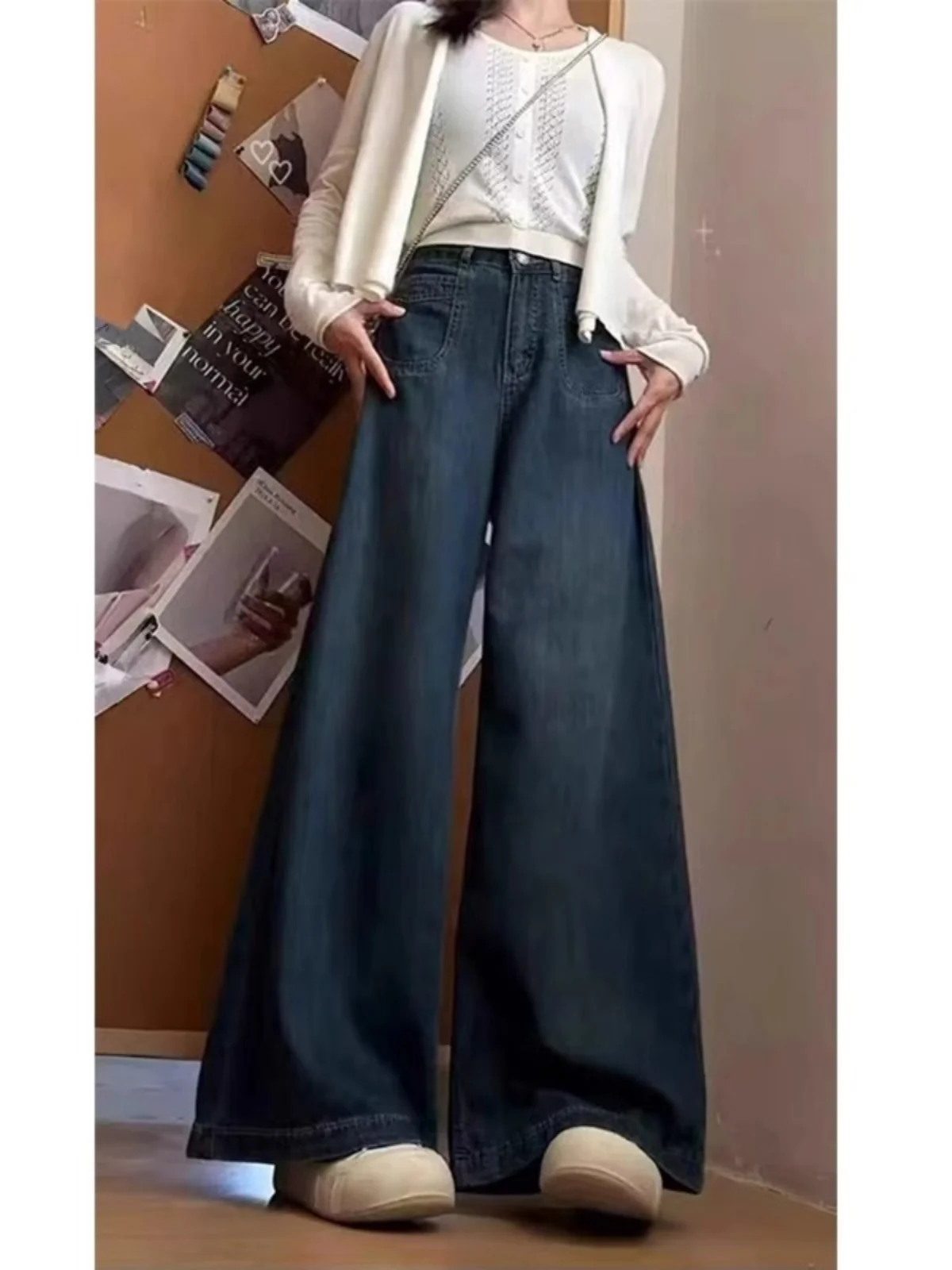 

High Waist Wide Leg Jeans Women's Loose Fit American Style Denim Pants Fall Season Wear Resistant Thickened Deep Color
