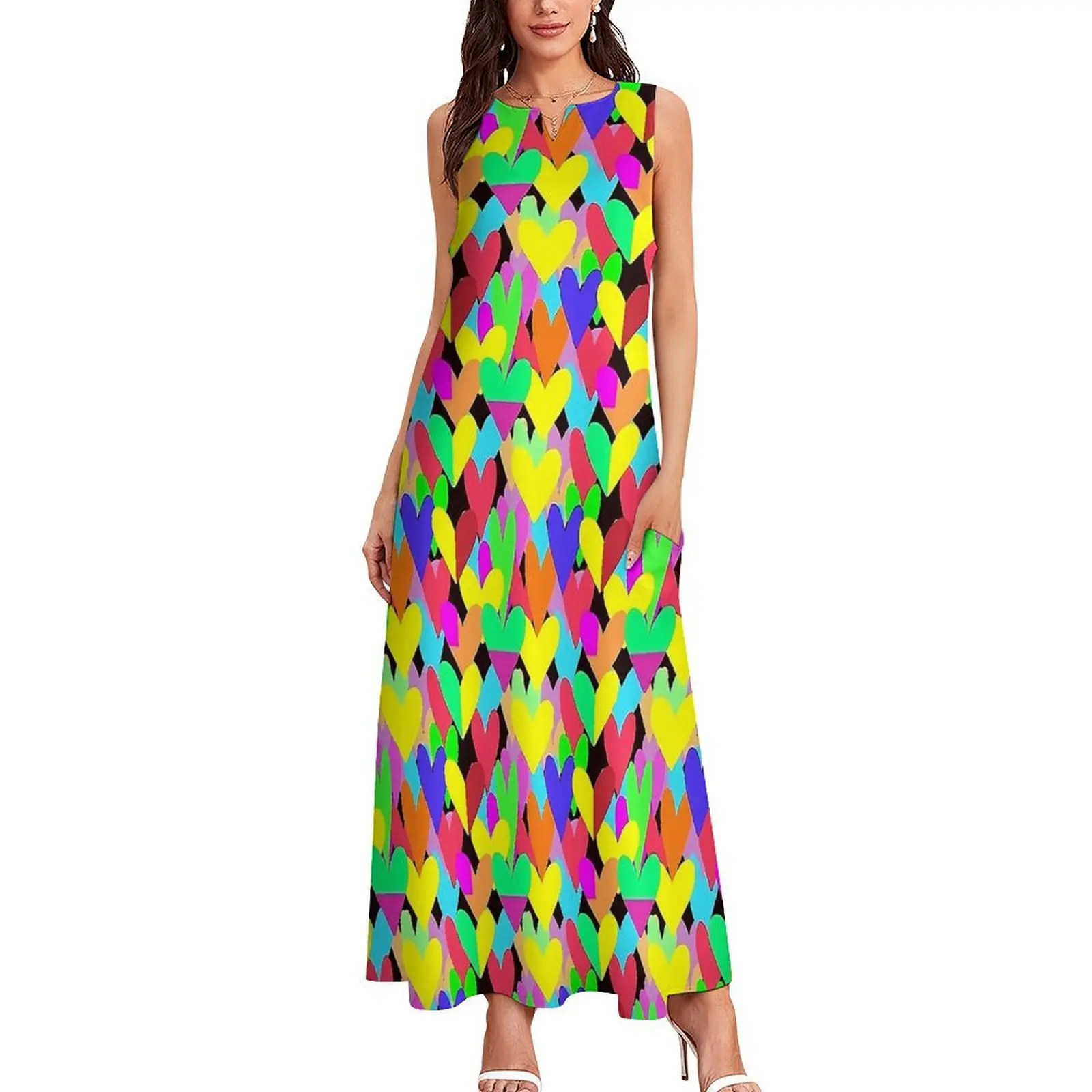 Colorful Hearts Print Dress Summer  Street Wear Bohemia Long Dresses Women Printed Cute Maxi Dress Big Size 5XL