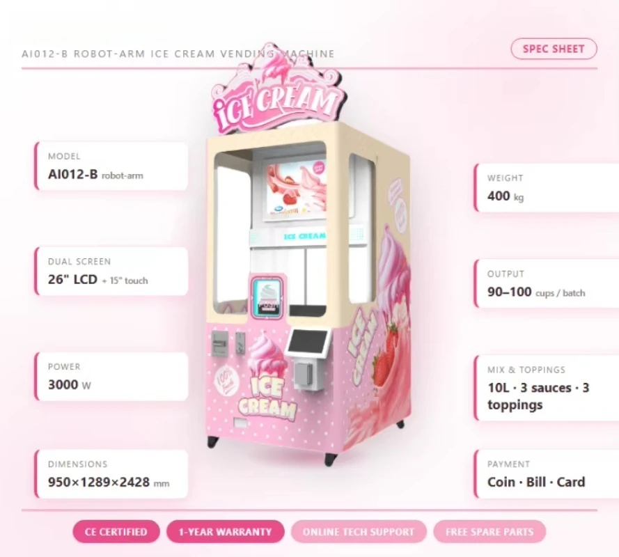 Touchscreen Robot Ice Cream Vending Machine 100Pcs Capacity Auto Clean Function Custom