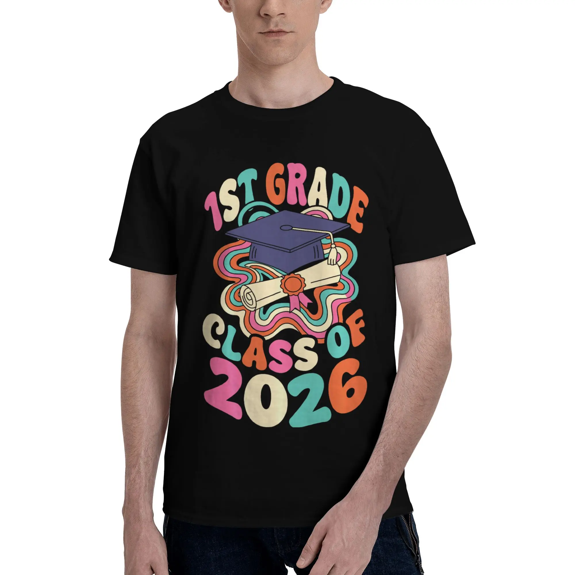 1st Grade Graduation Graduate Retro Groovy  Graphic 100% Cotton T-Shirt class of 2026 Tops Tees For Men