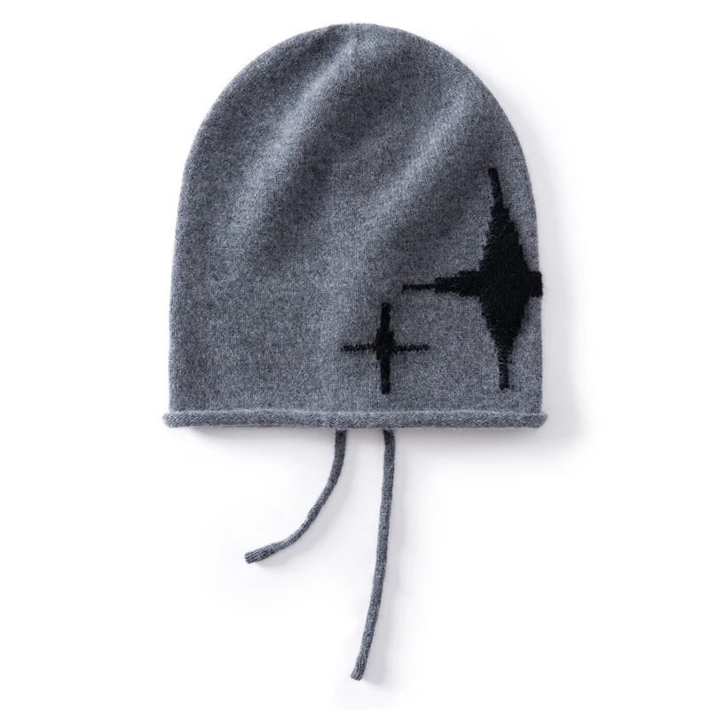 KOIJINSKY Cross Jacquard Drawstring Knit Beanie Hat Women Men Cashmere Feel Warm Skullcap Adjustable String Street Fashion Winte