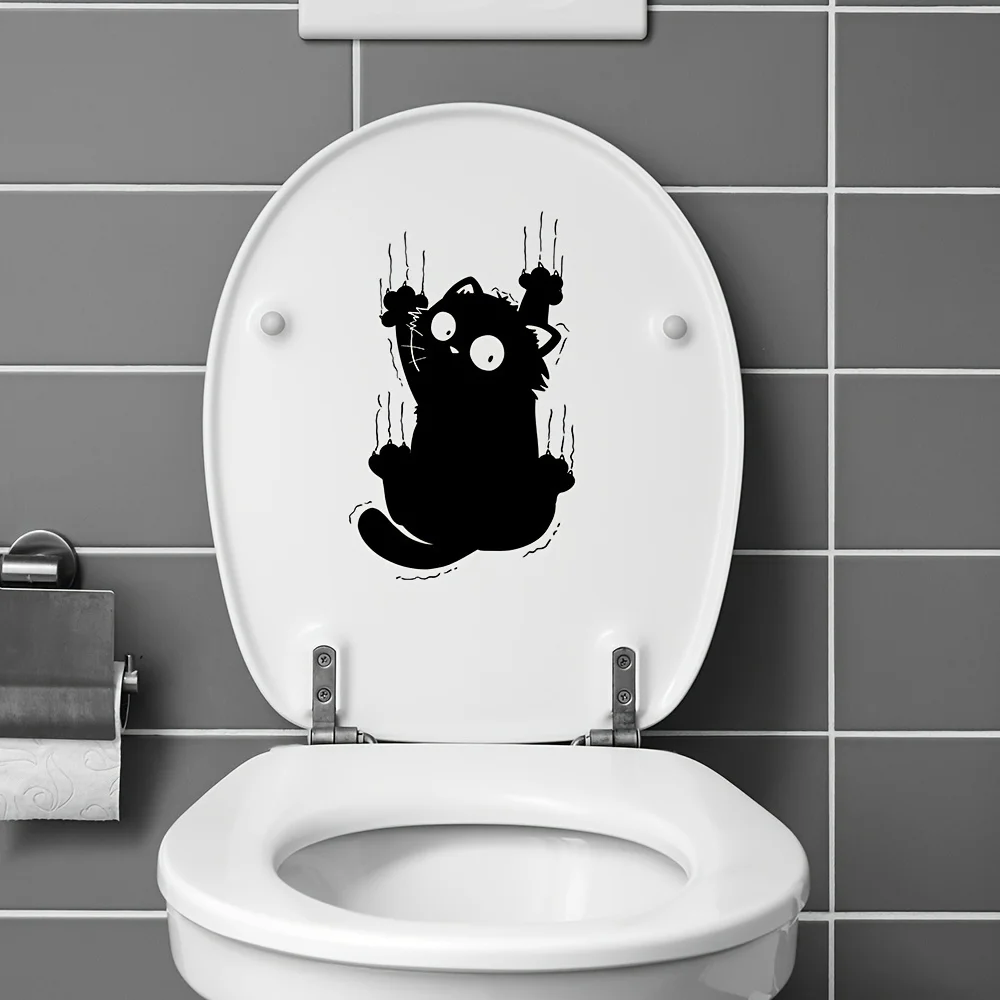 Lucky Cat Funny Black Cat Scratches Toilet Stickers Decorative Bathroom Decals Wall Stickers Self Adhesive Waterproof Home Decor