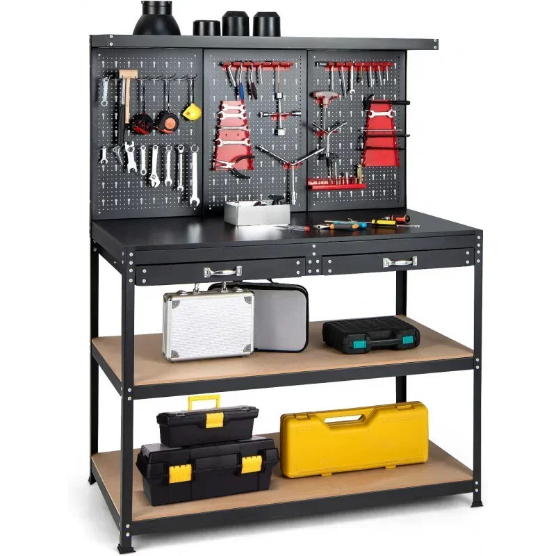 Work Bench, 48”x24” Work Table with Drawers, Pegboard, 965LBS Capacity, 25 Hanging Accessories, Metal Tool Bench, Heavy Duty 3-T