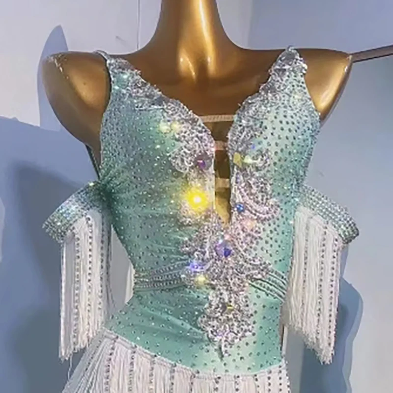 라틴 댄스 대회 여성용 고급 맞춤형 반짝이는 드레스, 술, 룸바 탱고 퍼포먼스, 블랙 풀 드레스