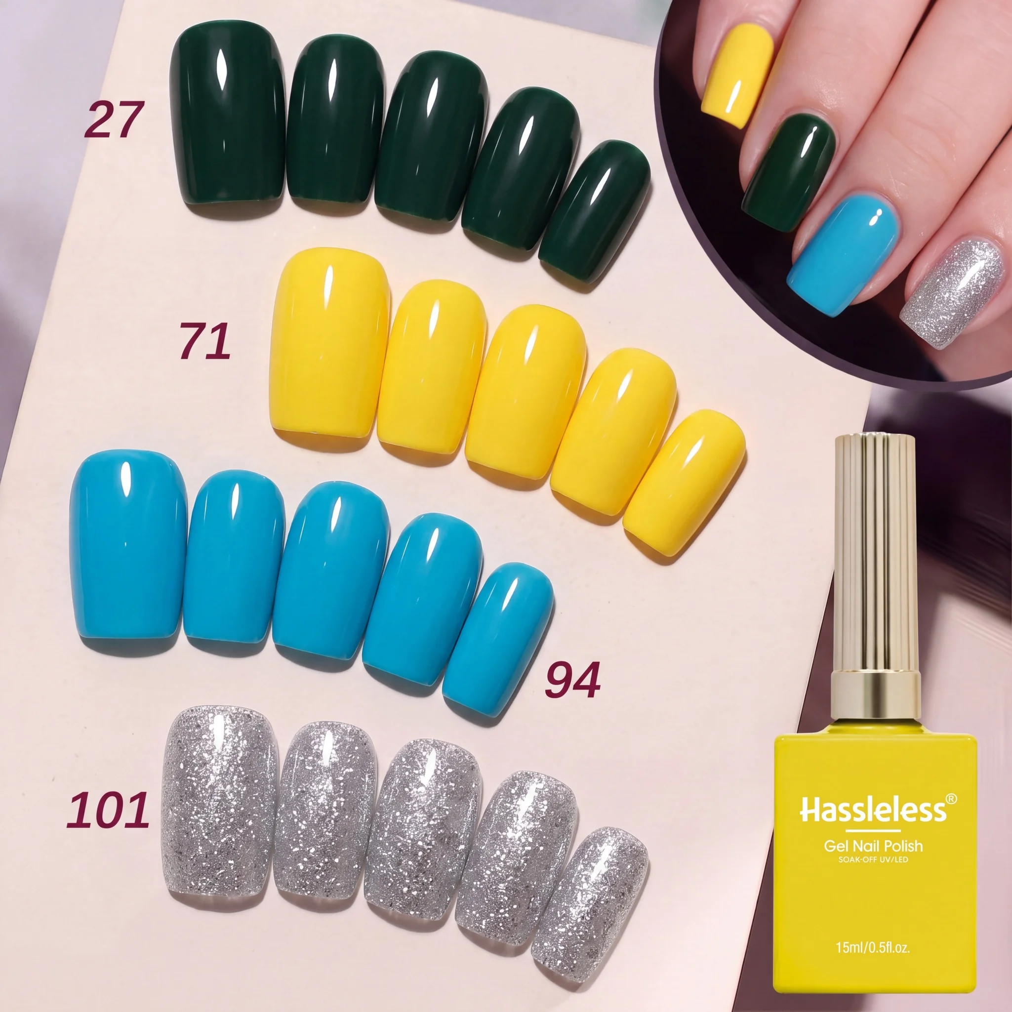 Hassless 4Pcs Macaron Nail Polish Gel Set 15ml Uv Removable Nail Polish Gel Dark Green Yellow Blue Silver Glitter Spring Summer Color-Changing Nail Gel