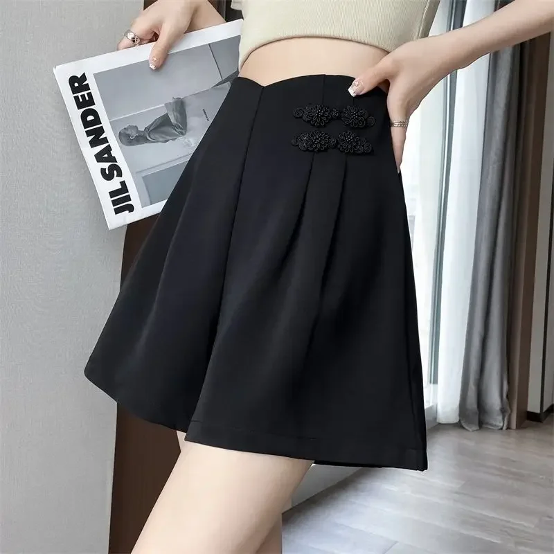 New Summer Chinese Style Women Clothing Wide Leg Pants Female Office Simplicity Buttons High Waist Solid Color Pants JJ730