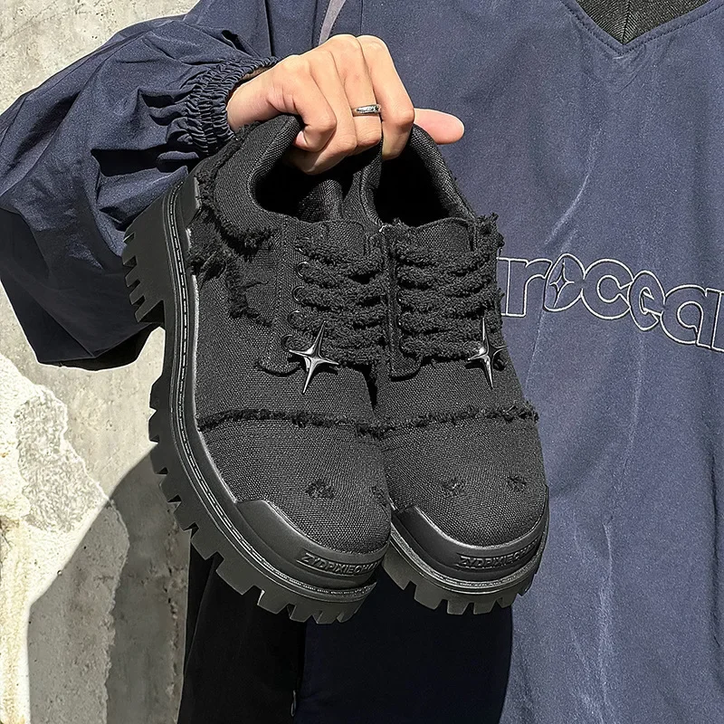 

VersatileTrendy Black Debout Shoes Casual NicheDesign Thickened Height Distressed Work Shoes Summer Rubber Surface Non-Leather C