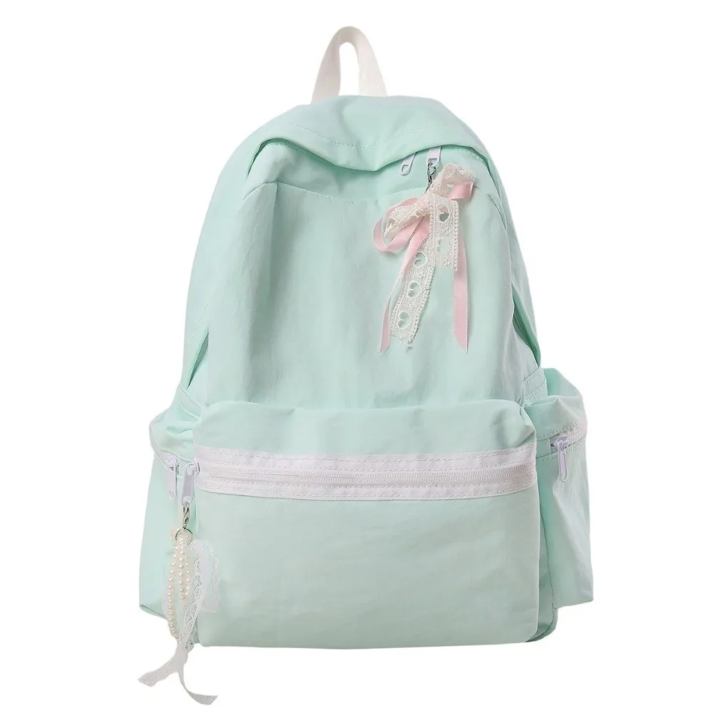 Nylon Material Nylon Shoulder Bag Solid Color 14-Inch Laptop Compatible Large Capacity Backpack Casual Style Lace Bow Detail