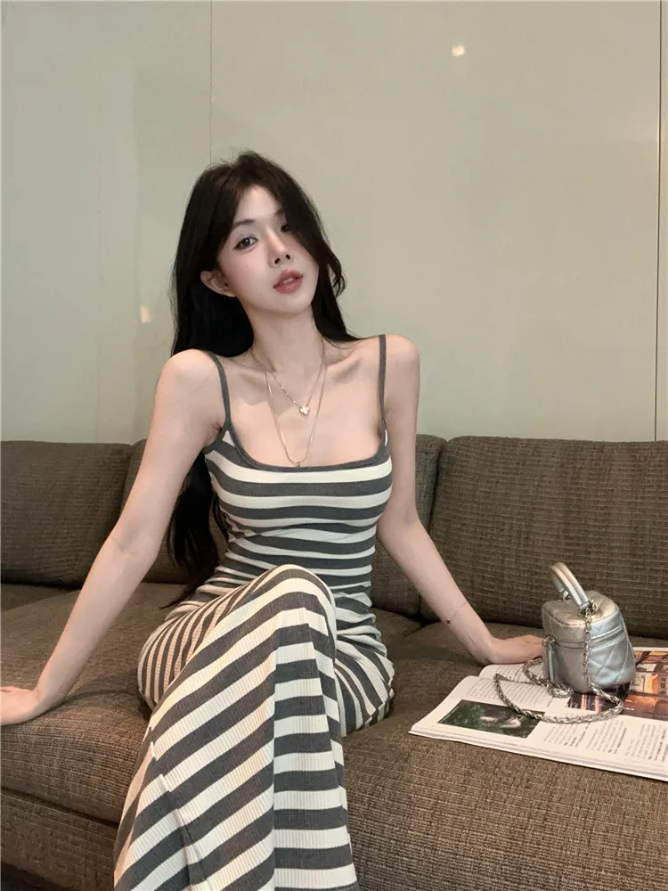 Moda cor contraste listrado slash neck longo deslizamento vestido de férias verão sem mangas sexy sem costas bodycon lápis suspender vestido