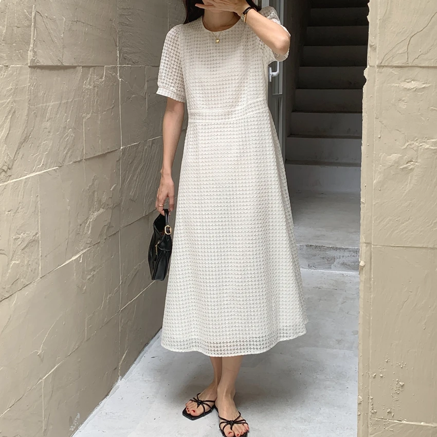 Women\'s Summer Vintage Long Lace Dress with Belt 2022 Female Short Sleeve Midi Robe A-line Sundress Solid Color French Style