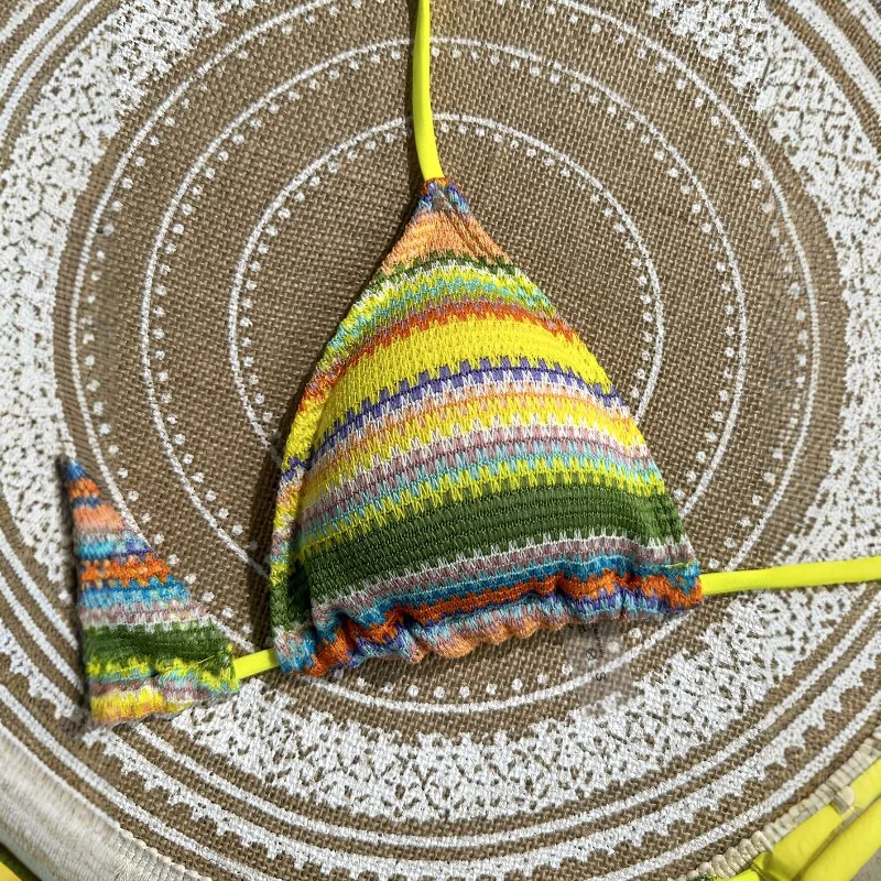 Vintage Knitted Stripe Three-Piece Bikini Skirt Micro String Backless Swimsuit Vacation Swimwear Women Crochet Beach Swim Outfit