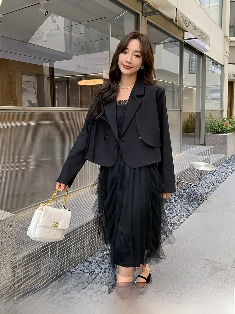 

plus Size Spring Outfit Ele Me Skirt And Jaet Set by Wuji Jia Faionable Commute Sle Long Sve Polyester Blend