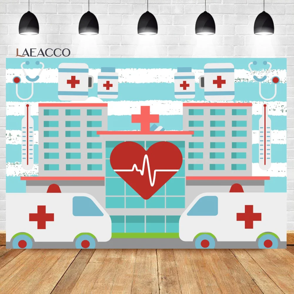 

Laeacco Nurse Graduation Photography Backdrop Cartoon Ambulance Pill Hearing Aid Red White Cross Baby Shower Portrait Background