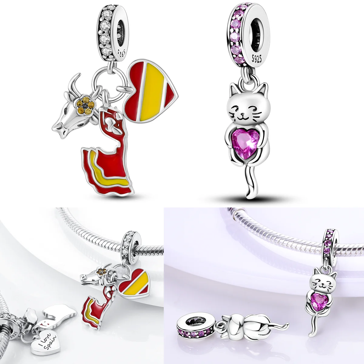 

925 Sterling Silver Spanish Bullfighting Charms Bead CZ Pink Zircon Cat Dangle Fit Original Bracelet DIY Women Jewelry