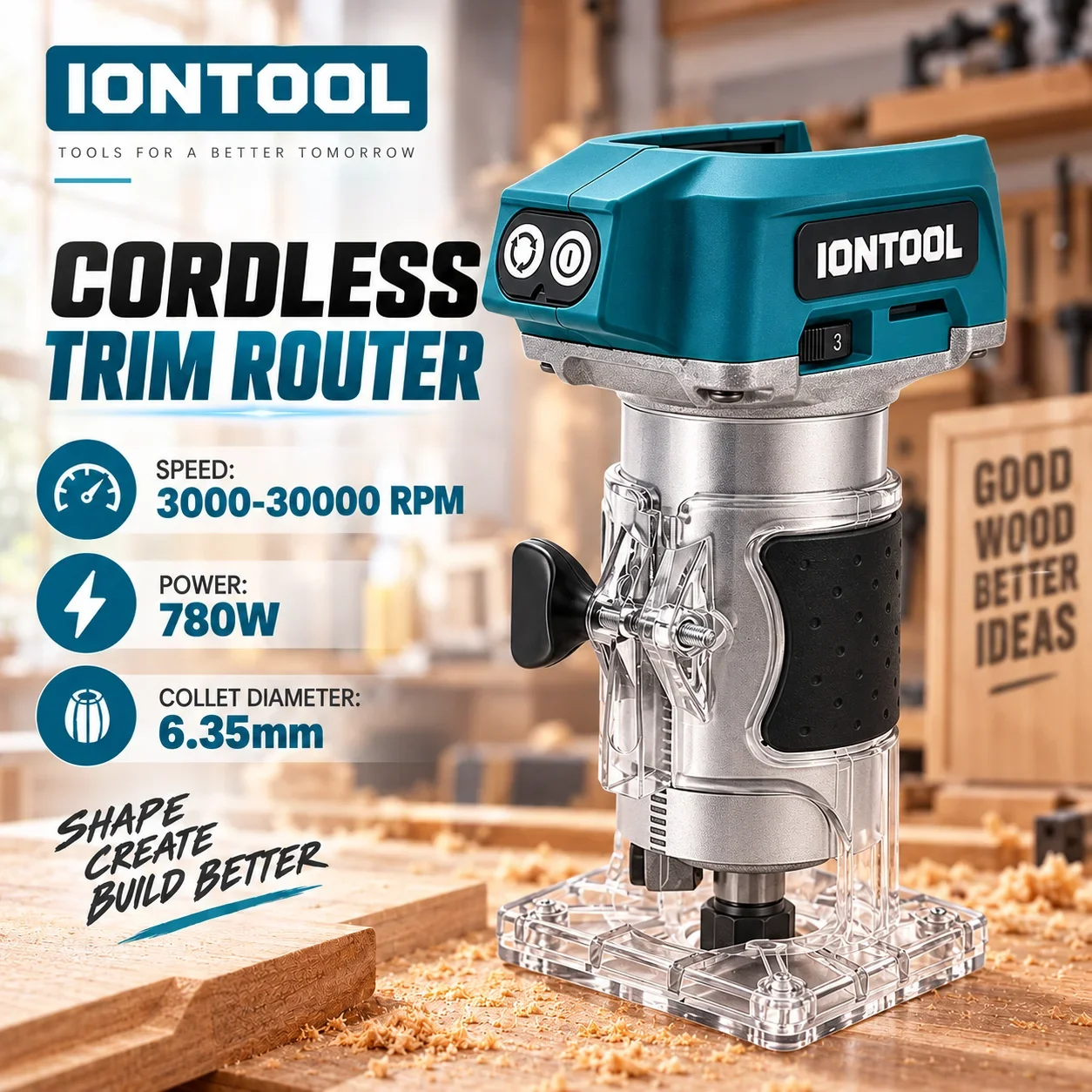 IONTOOL Durable Cordless Trimmer Router 780W For Cabinetry Countertop Rounding and Flute Cutting and Window Sash Grooving
