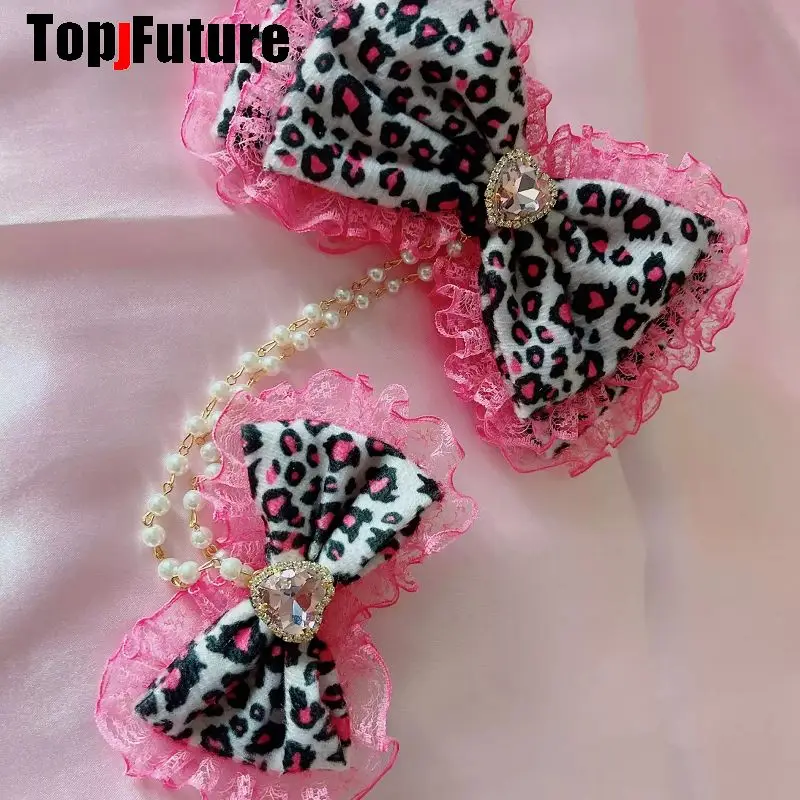 Y2K Women Mars Style Gal Series Japanese Gyaru Subculture Shibuya Leopard Bow Hair Clip Gothic Handmade Necklace Jewelry