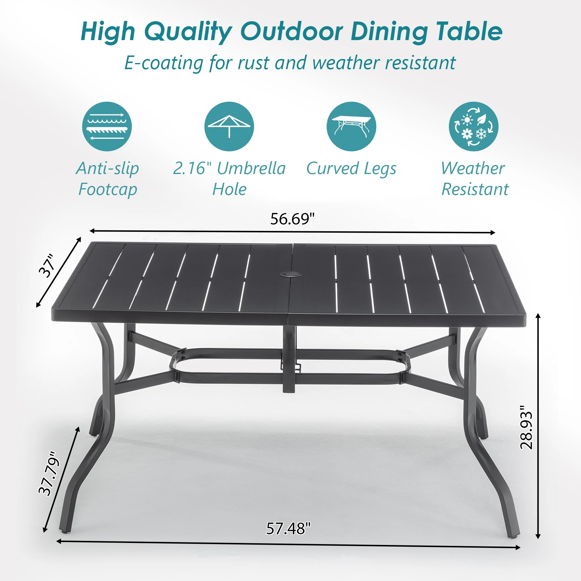 6 Person Powder Coated Steel Outdoor Dining Table 2.16 Inch Umbrella Hole Anti Slip Pads E Coating Frame All Weather Black Patio