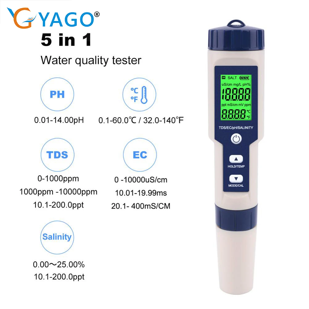 

5 in 1 Aquariums Water Quality Tester Salinity Tester Hydroponic PH Meter TDS/EC/Salinity/TEMP for Drinking Water Pool Fish Tank