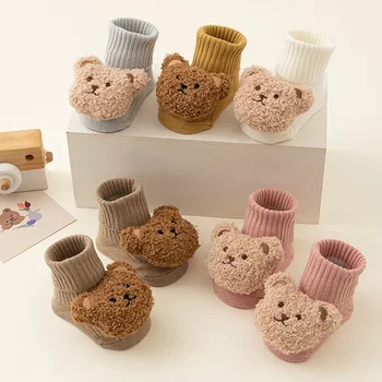 Cute Cartoon Bear Baby Socks for Boy Girl Winter Soft Cotton Anti Slip Soled Newborn…