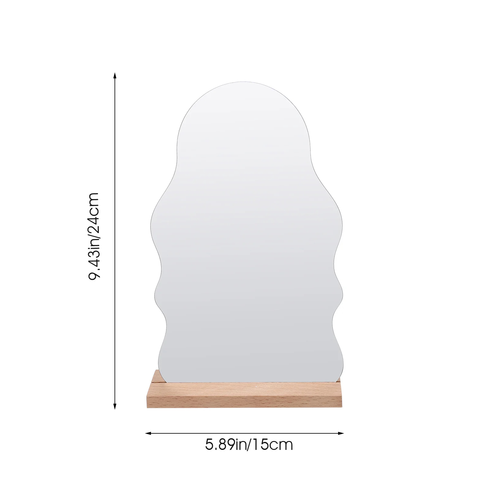 Stijlvolle make-upspiegel van acryl voor bureau Houten basis Staand onregelmatig ontwerp Esthetische tafelspiegel voor make-up tandenpoetsen