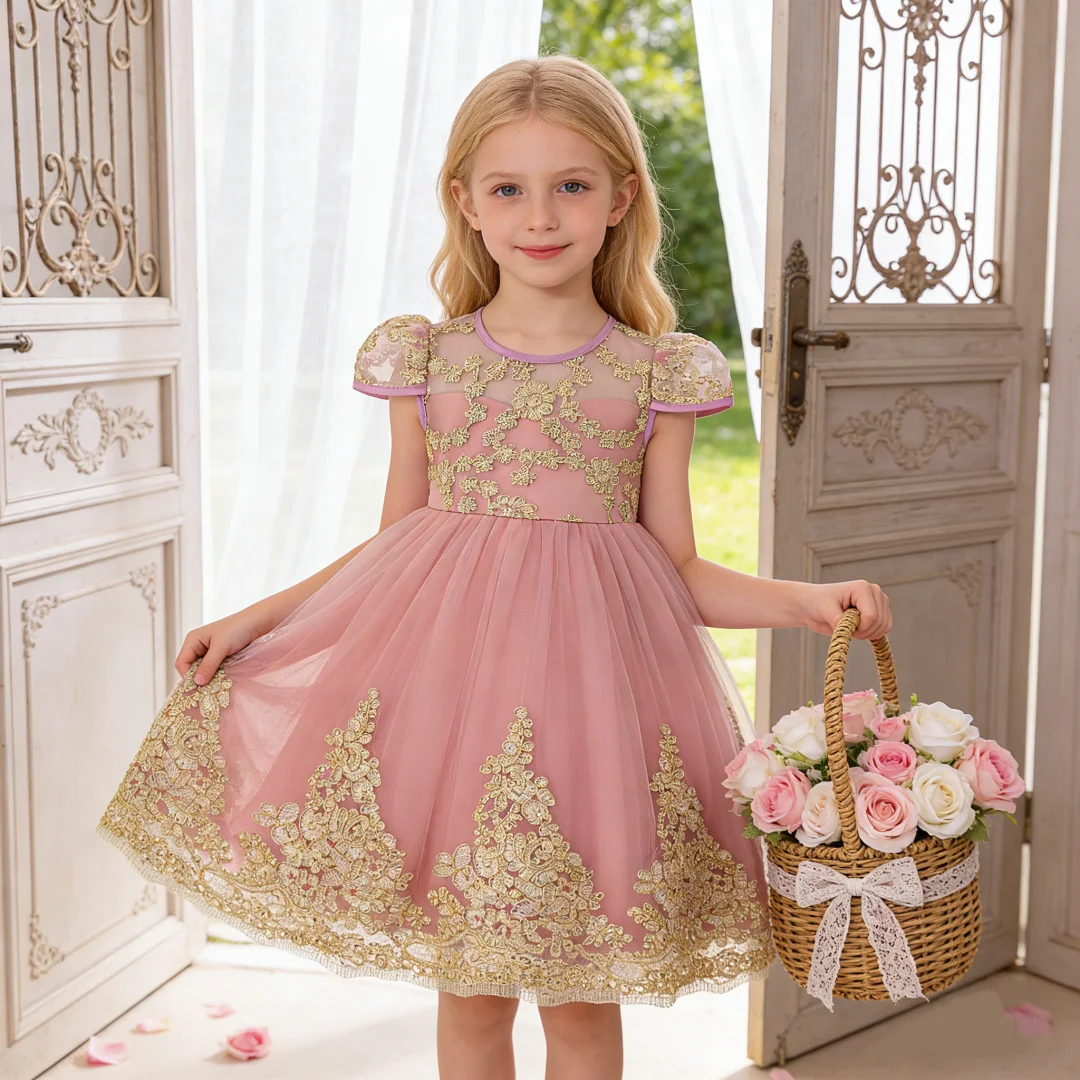 Lace Flower Embroidery Rose Pink Gold Embroidery High-end Lace Embroidery Dress Princess Dress Suitable for Girls Birthday Party