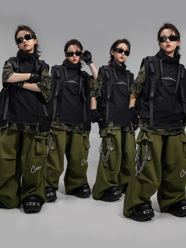

2025 New Boys Clothes Hip Hop Jazz Dance Costumes Kid Loose Jacket Tops Cargo Pants Practice Street Dance Wear Clothing DQL10798
