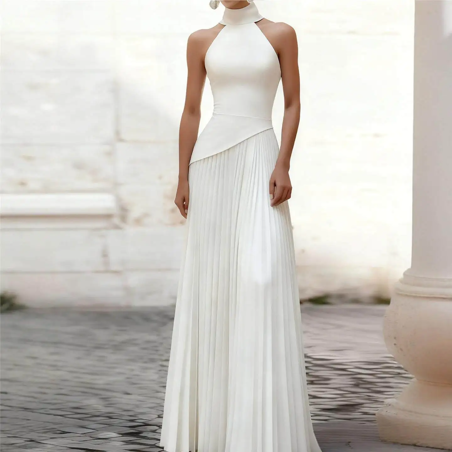 

Elegant Slim Fit Long Dress Neckline Gown Wedding Dress Fashionable Pleated Sleeveless High Collar Women's Dress