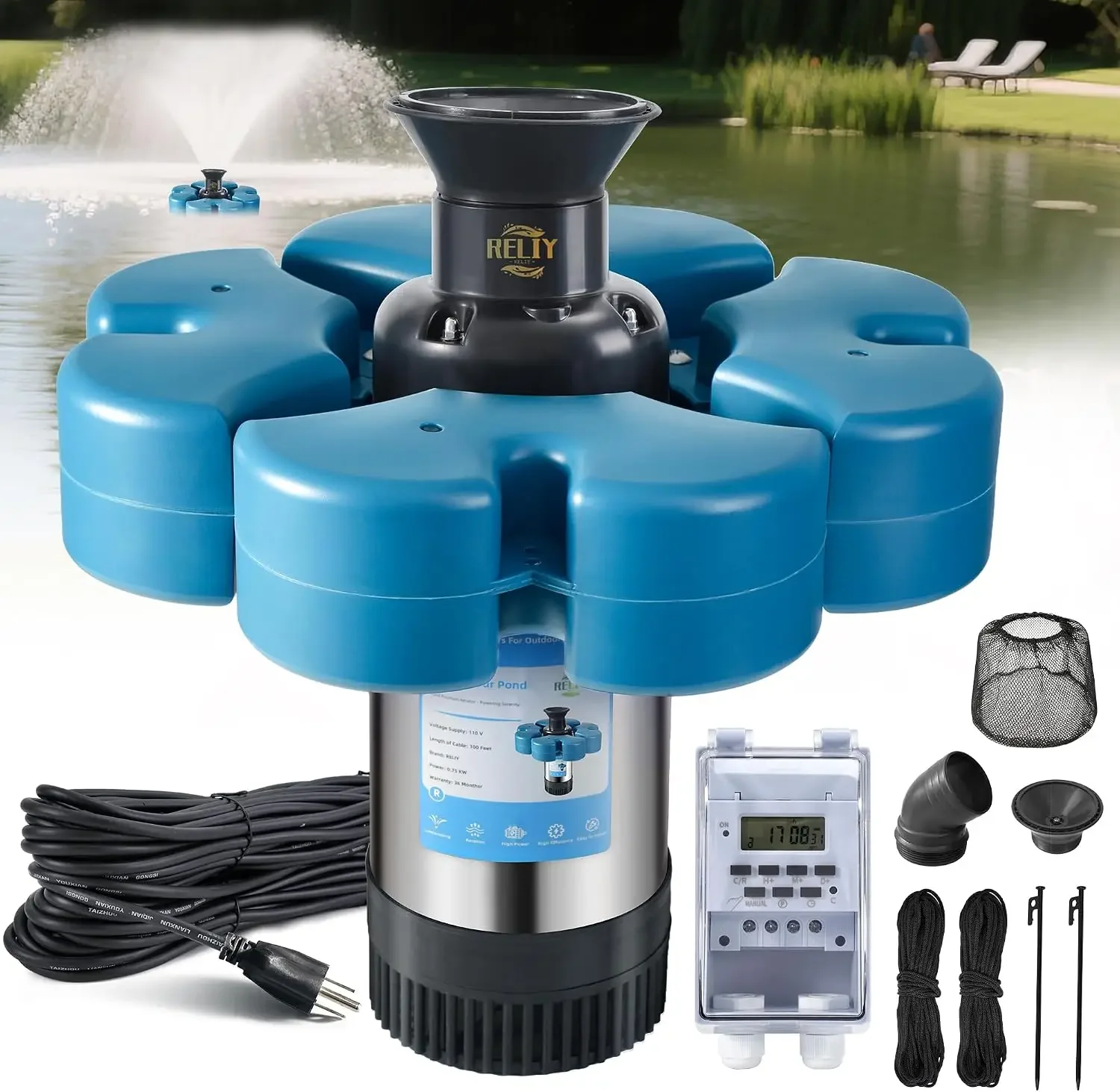 USA StockPond Fountain Aerator, 15000 GPH 110V 1HP Fountain Pump, Fully Automatic Powerful Lake Floating Fountain, 100 FT Power