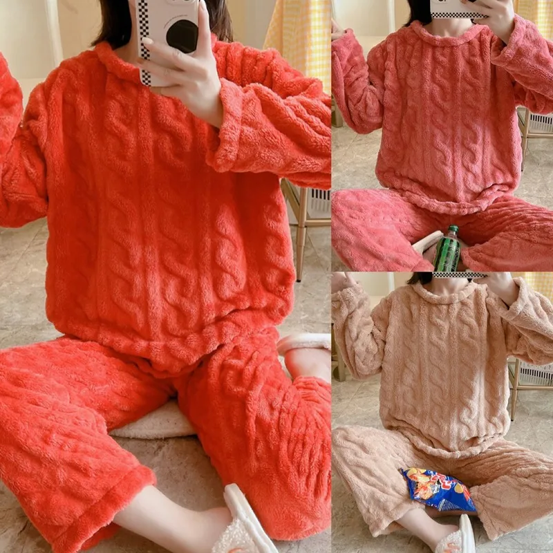 

Women's Sleepwear Coral Fleece Lined Thickened Home Clothes Simple Set Warmth Autumn Season Pure Color Home Comfortable Suit