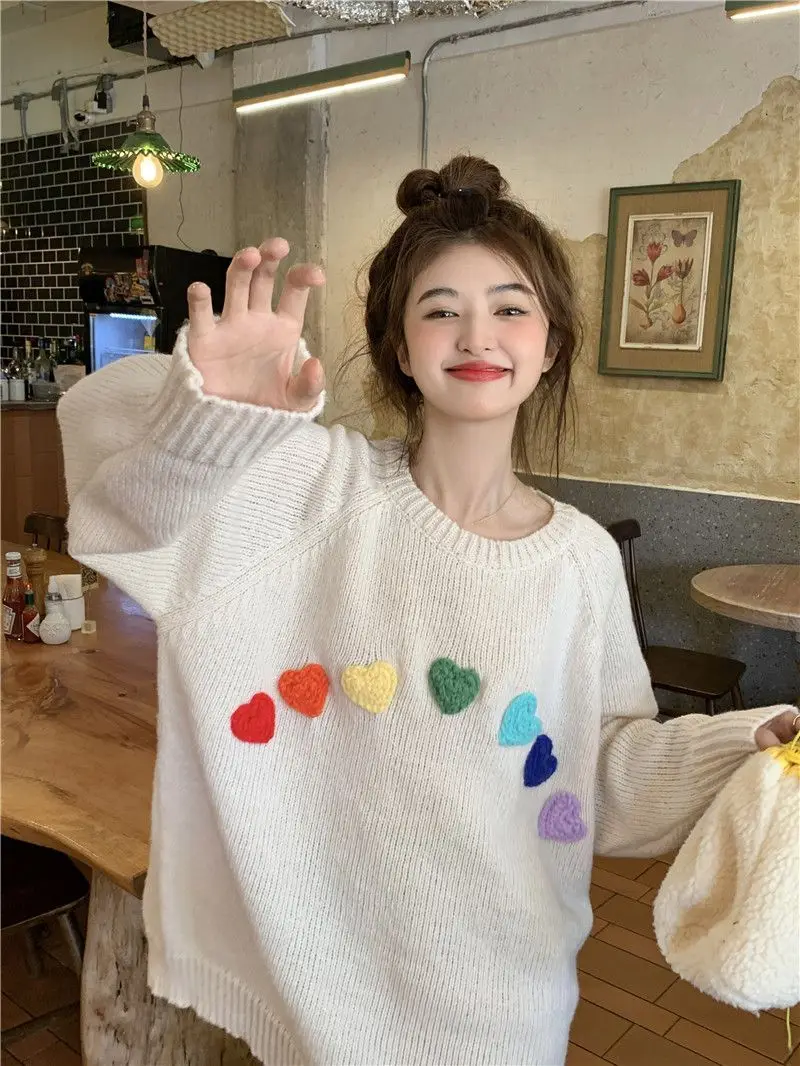 Lazy style three-dimensional color love round neck sweater for women 2024 autumn latest gentle and sweet loose sweater