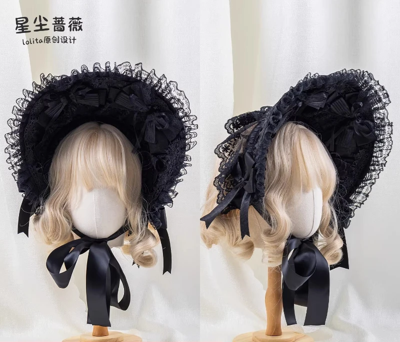 Handmade Black Lolita Bow Lace Original Hair Accessories Lo Sparrow Feathers Dark Flat Hat Bnt Lace Bow Headband Female