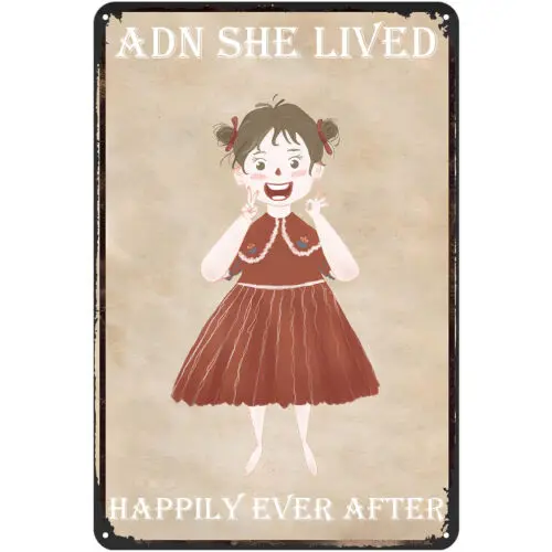 1e,Funny Metal Tin Sign Vintage Cafe Wall Art Decor  And She Lived Happily