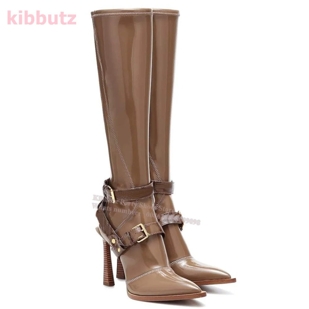 Retro Brown Knight Boots Knee High Genuine Leather Belt Buckle Pointed Toe Spike Heel Back Zipper Fashion Luxury Women Shoes New