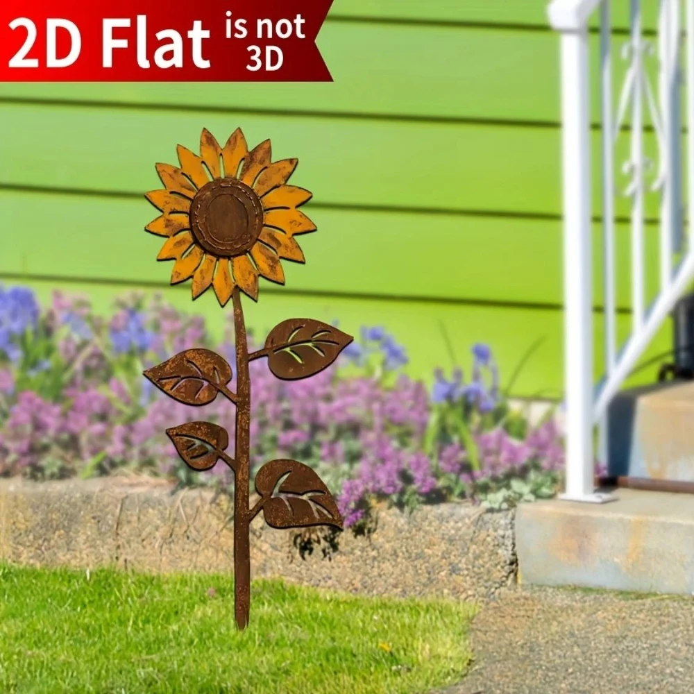 1pc Metal Sunflower Yard Art 2D Flat Iron Flower Decor for Garden Lawn Patio Outdoor Decoration Rustic Plant Statue Garden Decor