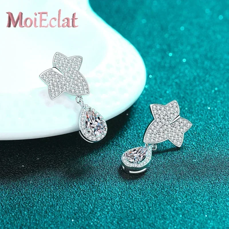 MoiEclat Store Platinum PT950 Maple Leaf Drop Earrings Radiant, 2ct Drop-shaped Moissanite Earrings Wedding Fine Jewelry Gift