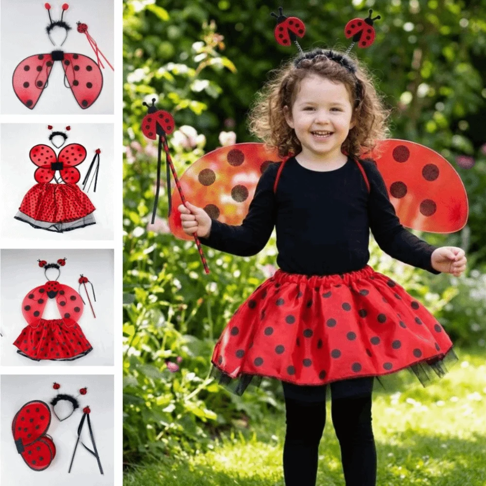 Funny Ladybird Cosplay Costume Lightweight with Magic Wand Kids Costume Set creative Wing Headband Wings Headband Skirt Set