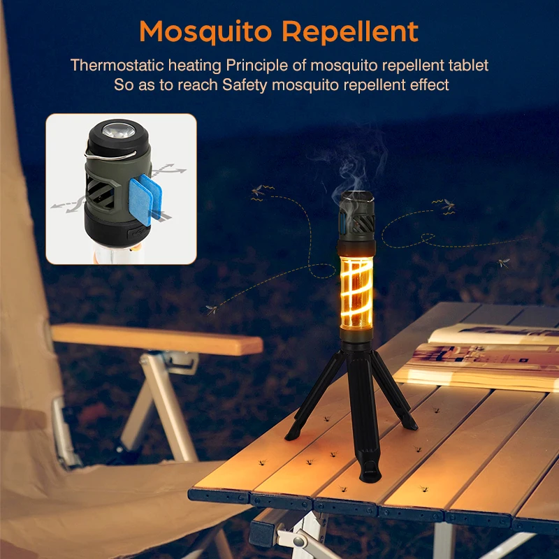 Lámpara repelente de mosquitos 3 en 1 para exteriores, linterna impermeable recargable para acampar con soporte triangular, lámpara de iluminación