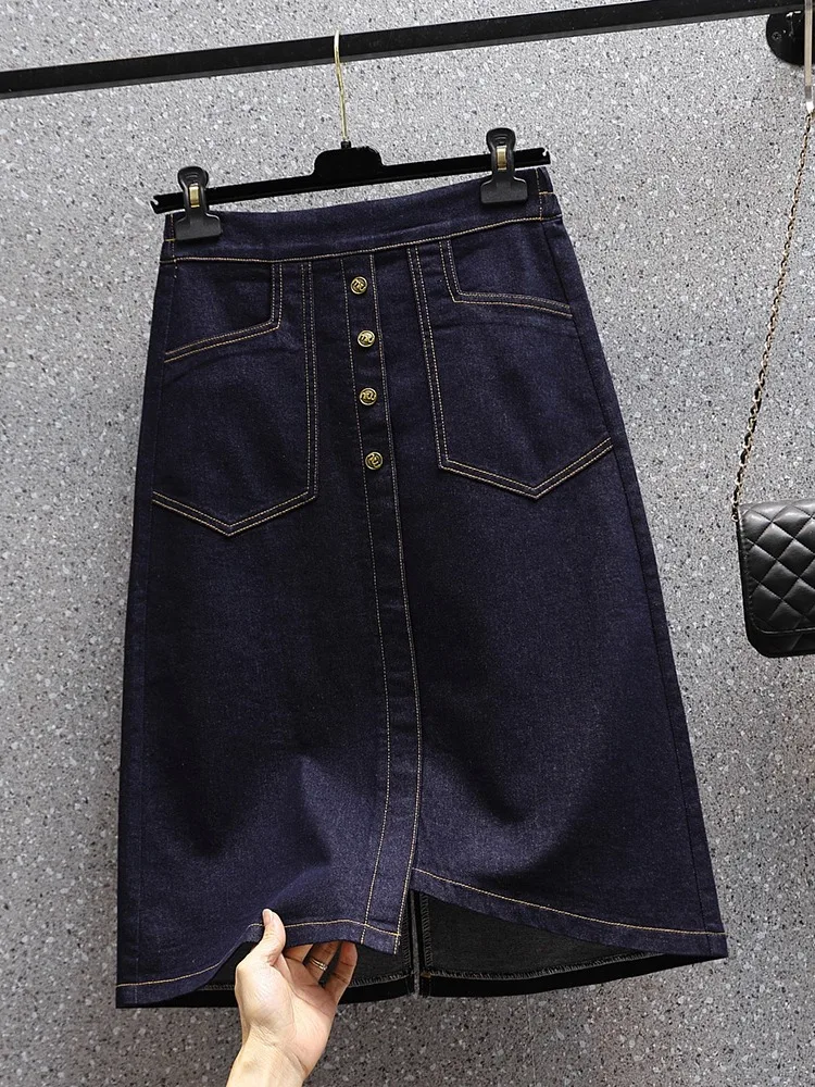 تنورة دينم مرنة باللون الأزرق الداكن بخصر عالٍ على شكل حرف A تنانير صيفية نسائية غير رسمية بخصر عالٍ مزيج من القطن العتيق #1