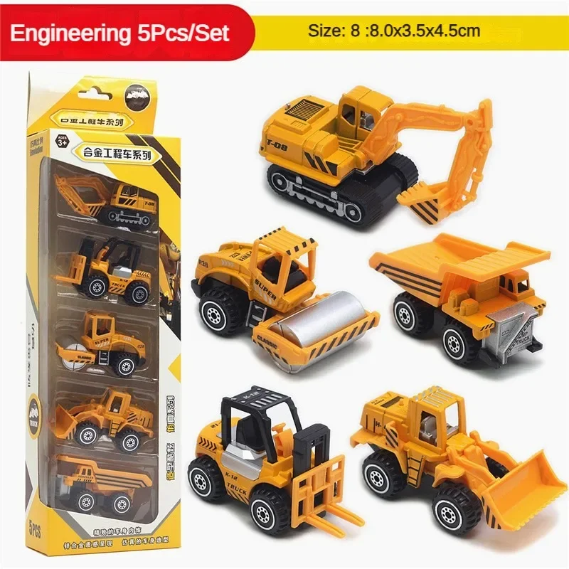 15 Alloy Construction Vehicle Models 5-piece Set, Excavator Roller Crane Alloy Model Toy