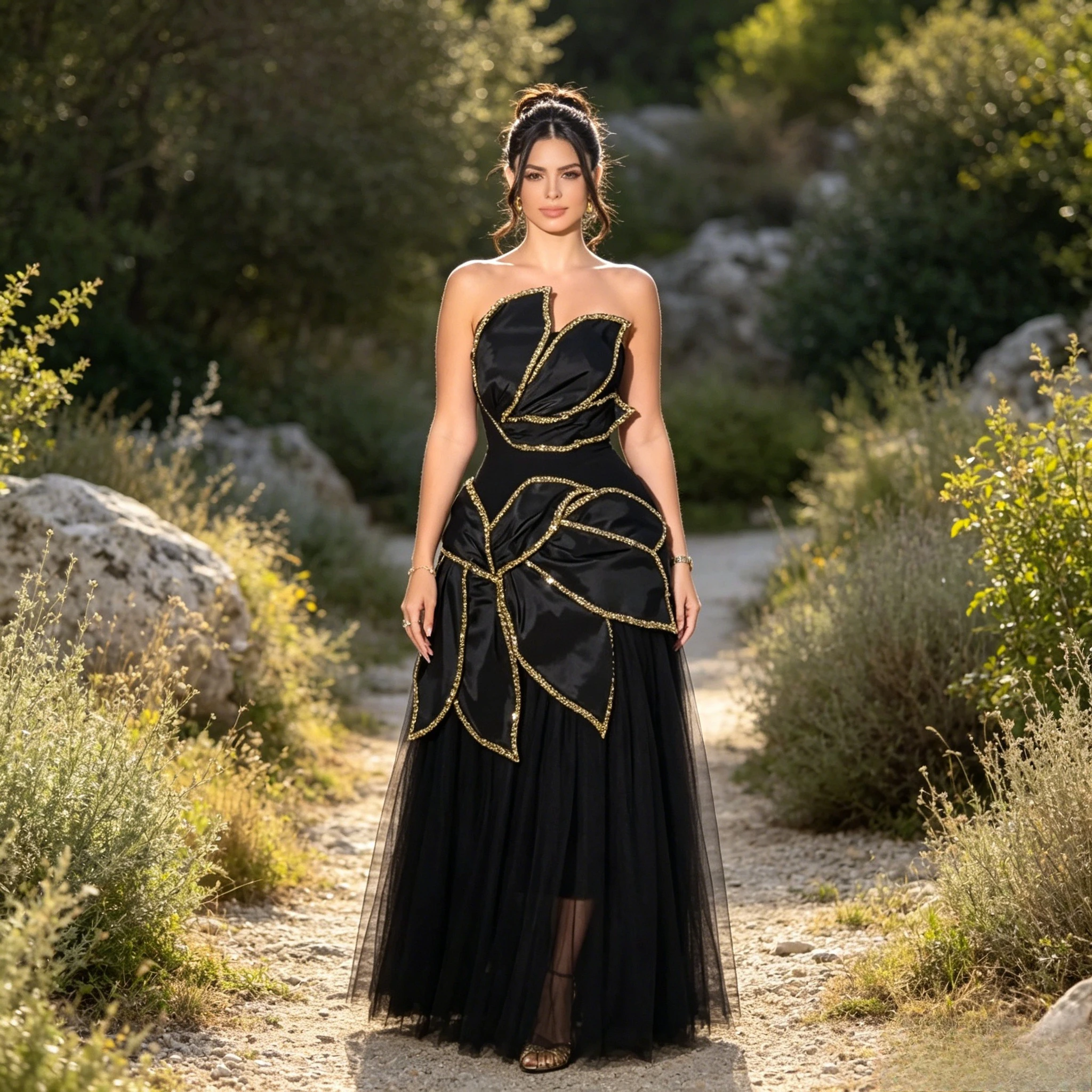 Customized Statement Evening Gown Featuring a Strapless Neckline, Sculpted Floral Petal Bodice with Gold Beaded Trim