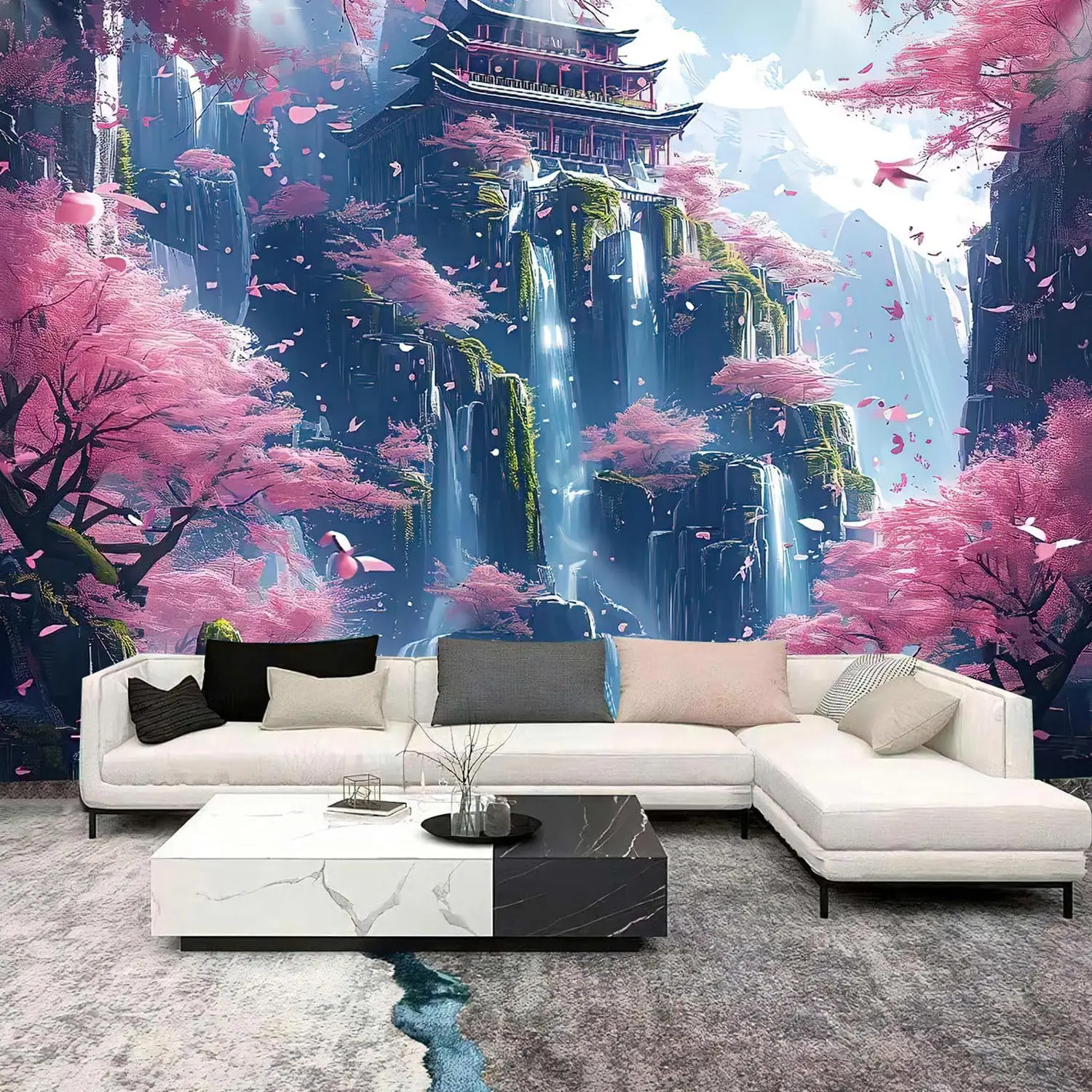 Japanese Aesthetic Pink Cherry Blossom Tree Tapestry Building On Mountains Waterfall River Fairytale World Asian Art Tapestry