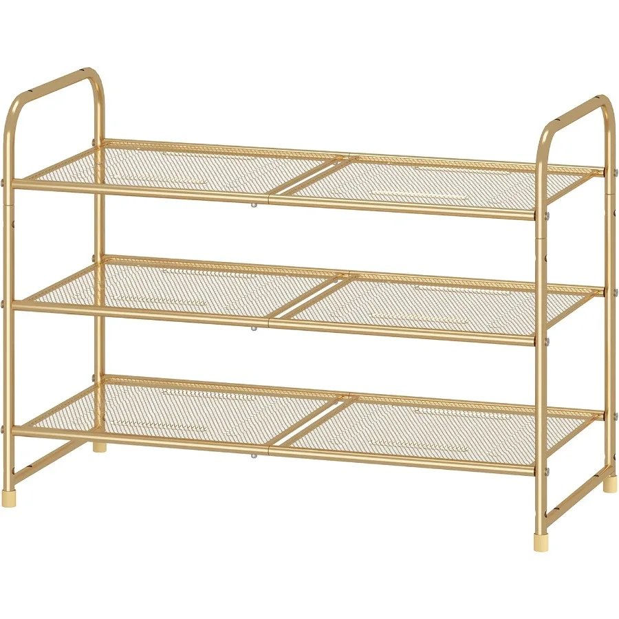 

3Tier Stackable Shoe Rack Expandable Adjustable Shoe Shelf Storage Organizer Metal Mesh Gold